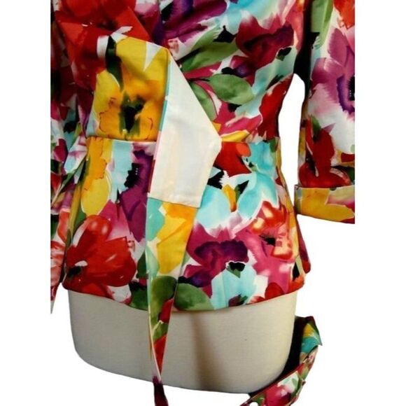 Donna Ricco Collection Sz 6 Front Wrap Tropical Floral Portrait Collar Top Artsy - Picture 3 of 10